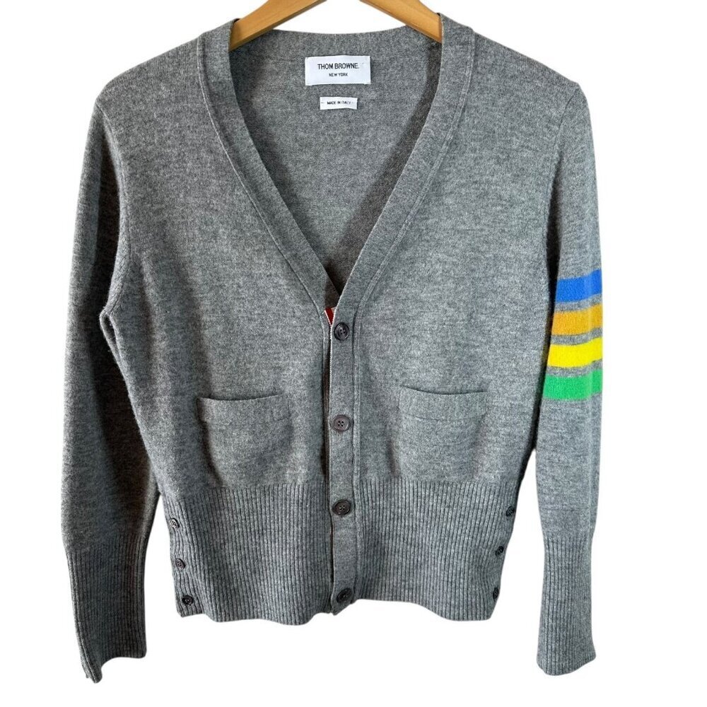 Thom Browne Classic V-Neck Cashmere Cardigan in Gray Size 1/Small 4-Bar Stripe - Picture 2 of 12